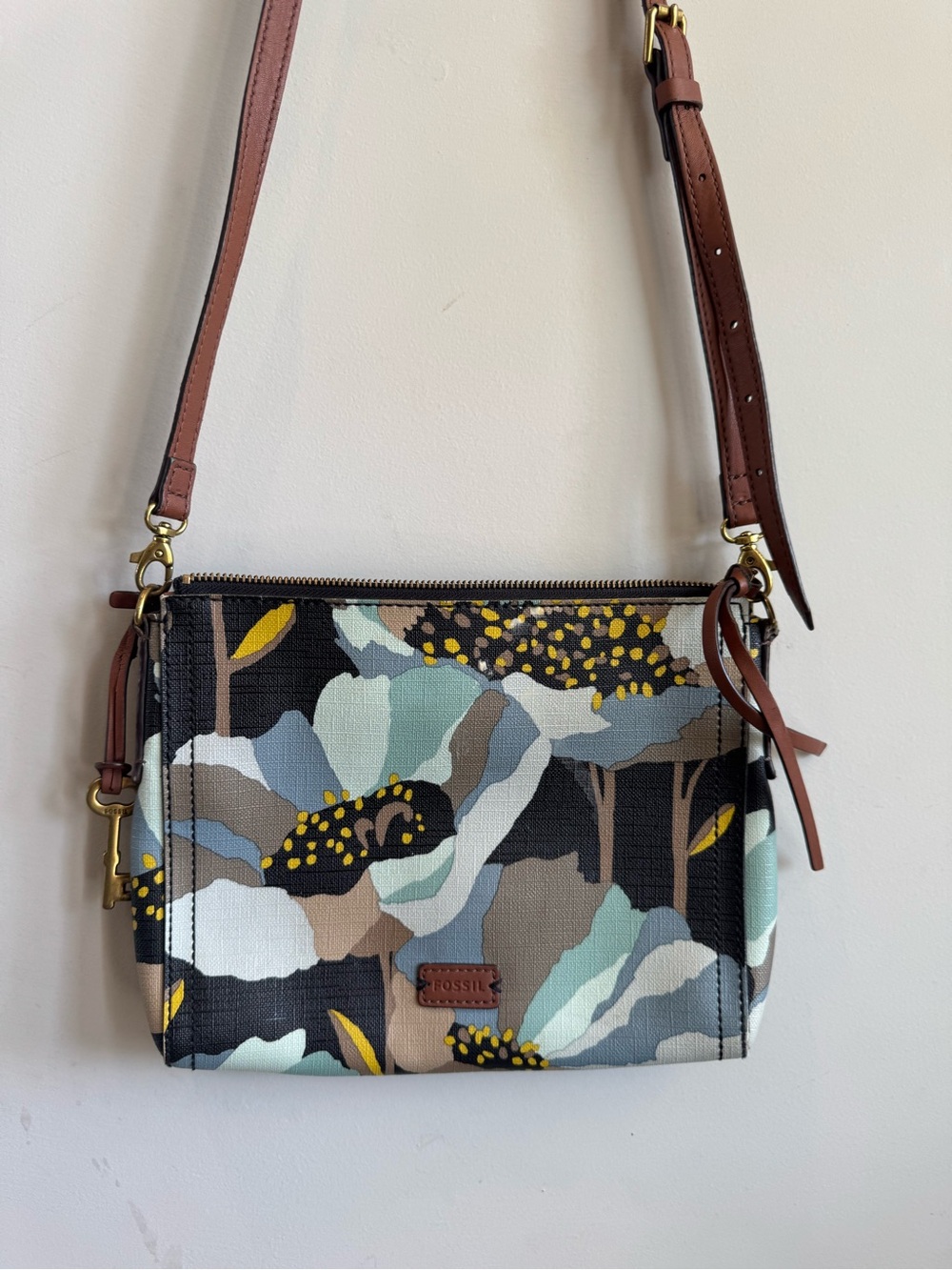 Fossil Floral Canvas Crossbody in Black, Brown & Mint